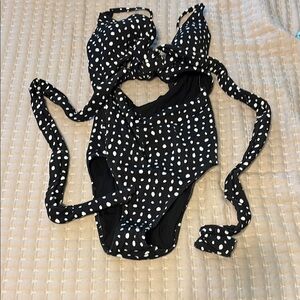 Aerie Black and White Polka Dot Swimsuit with cutout size large